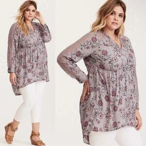 Torrid 6X Gray Purple Floral Lace Long Sleeve Button Front High Low Tunic Dress